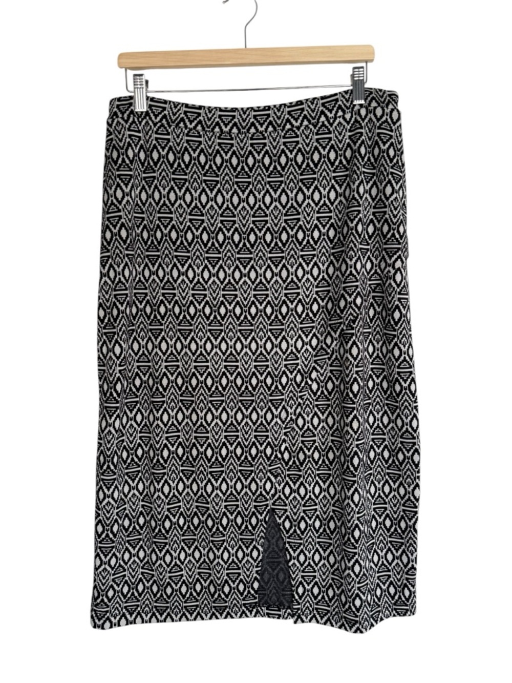 Babeau argyle print knit midi faux wrap pencil skirt black white front slit XL